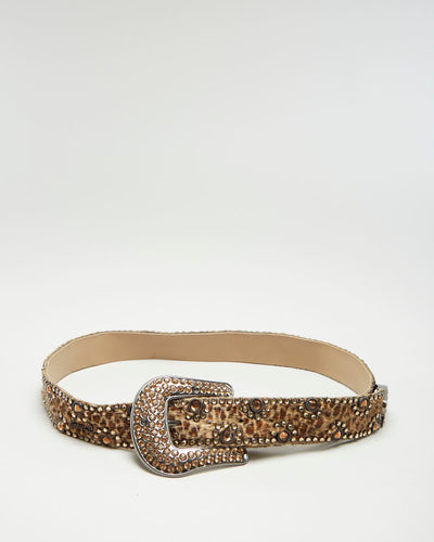 Brown Rhinestone Leopard Print Belt - L43 W1.5