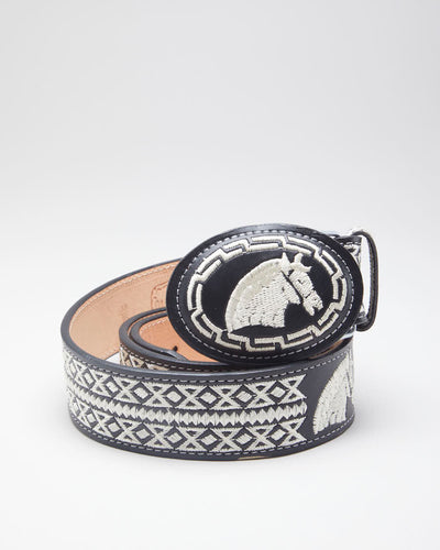 Black Leather Western Belt with Embroidery - W38