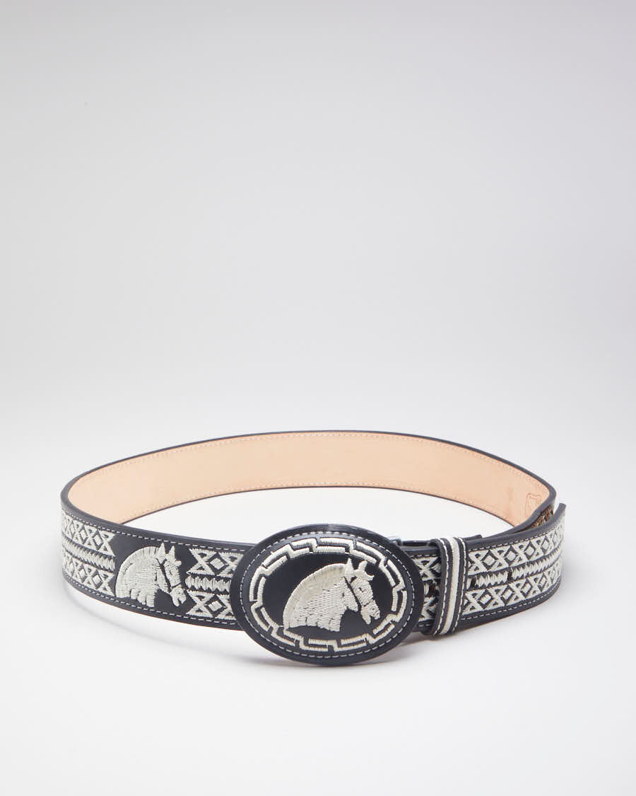 Black Leather Western Belt with Embroidery - W38