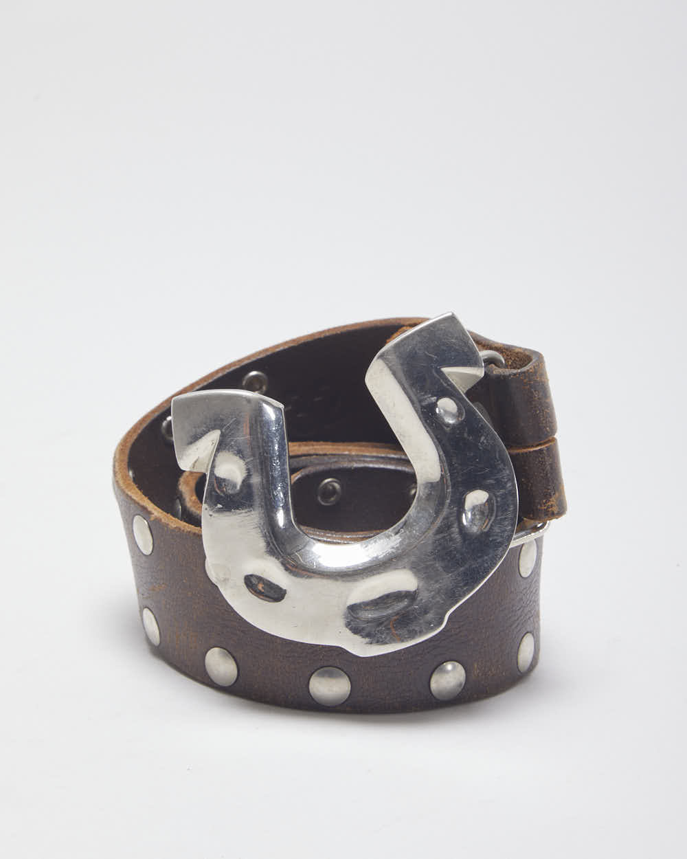 Vintage Western Famous Stars & Straps Brown Leather Studded Silver Toned Horseshoe Buckled Belt
