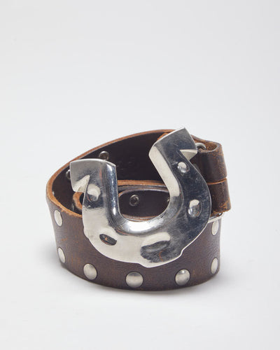 Vintage Western Famous Stars & Straps Brown Leather Studded Silver Toned Horseshoe Buckled Belt