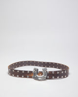 Vintage Western Famous Stars &amp; Straps Brown Leather Studded Silver Toned Horseshoe Buckled Belt