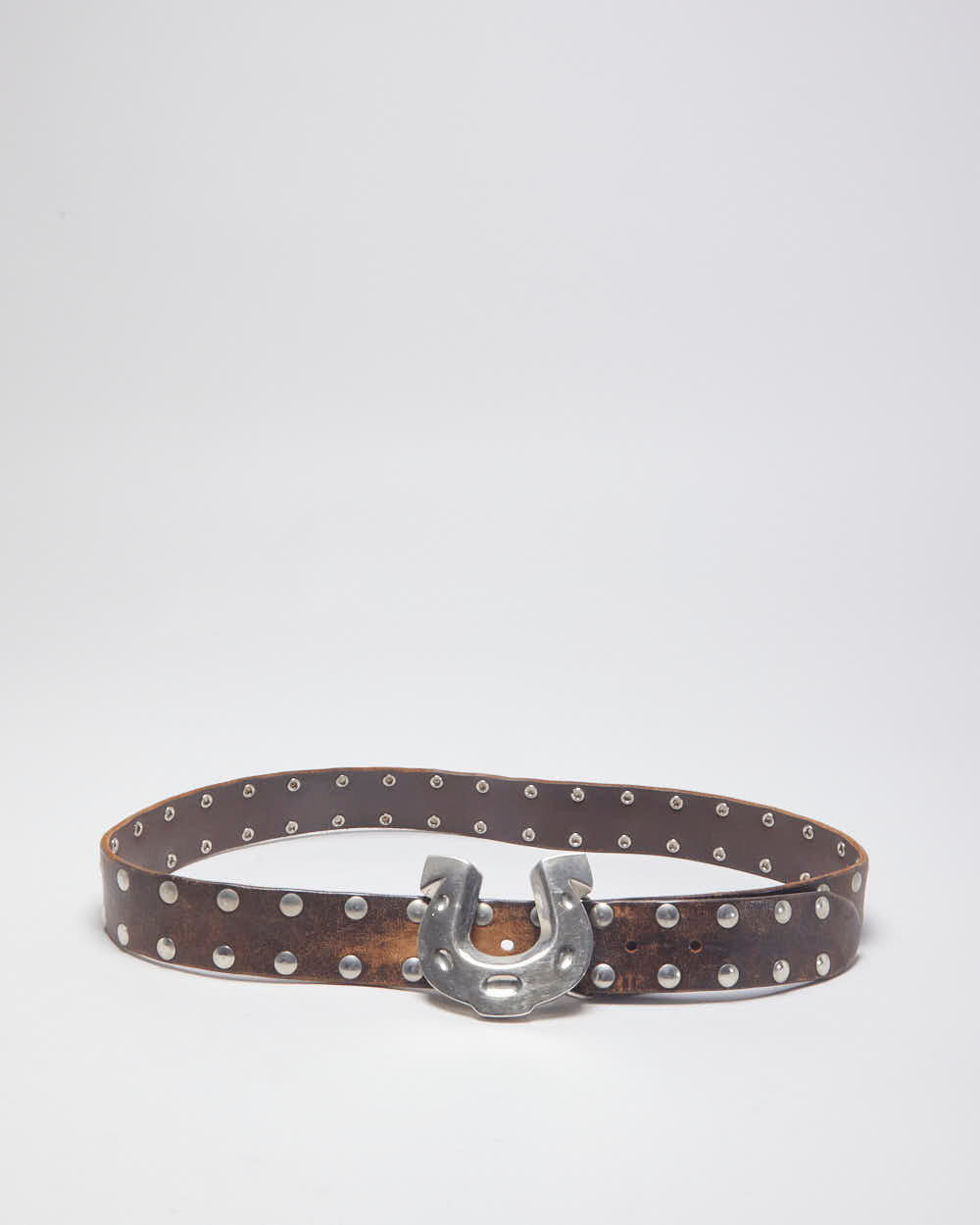 Vintage Western Famous Stars & Straps Brown Leather Studded Silver Toned Horseshoe Buckled Belt