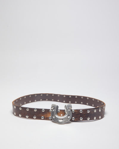 Vintage Western Famous Stars & Straps Brown Leather Studded Silver Toned Horseshoe Buckled Belt