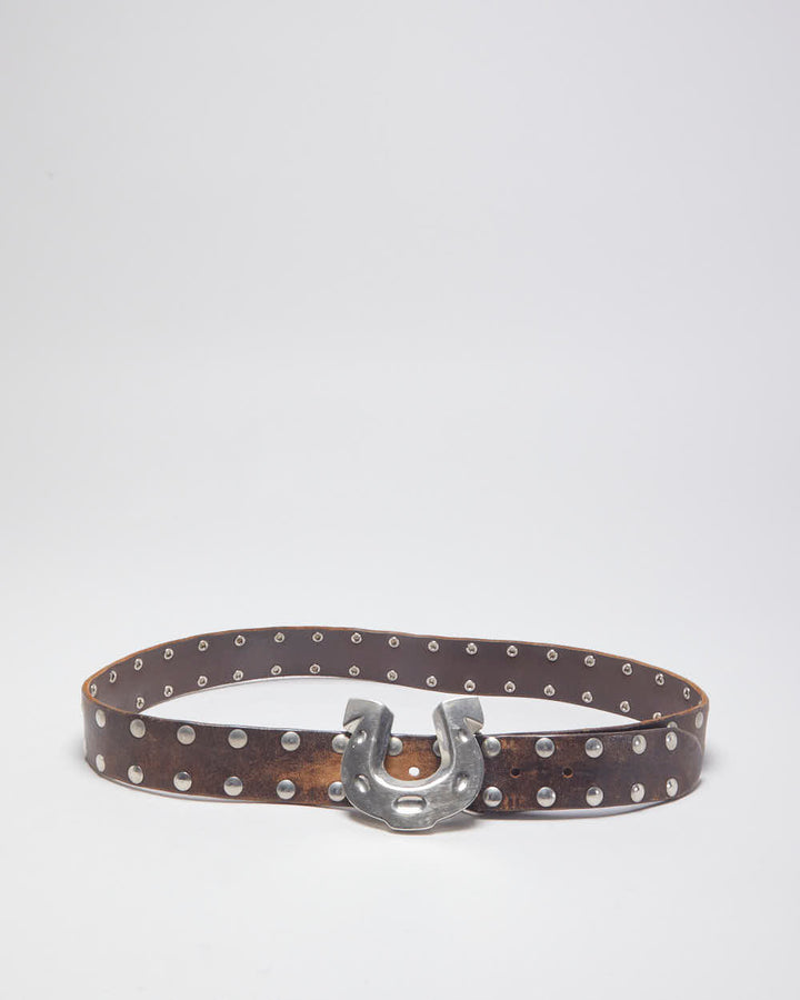 Vintage Western Famous Stars & Straps Brown Leather Studded Silver Toned Horseshoe Buckled Belt