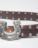 Vintage Western Famous Stars &amp; Straps Brown Leather Studded Silver Toned Horseshoe Buckled Belt