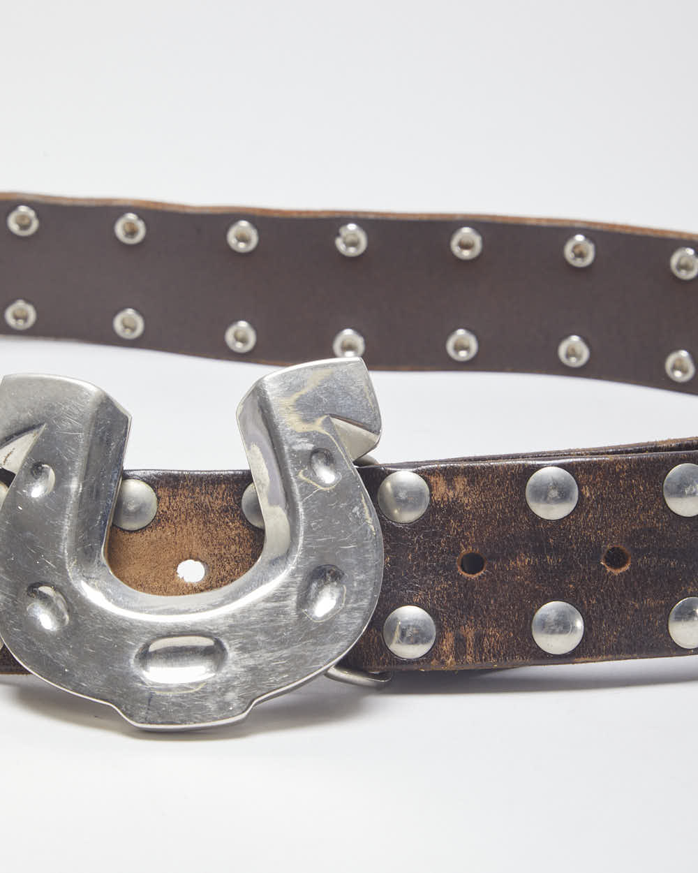 Vintage Western Famous Stars & Straps Brown Leather Studded Silver Toned Horseshoe Buckled Belt