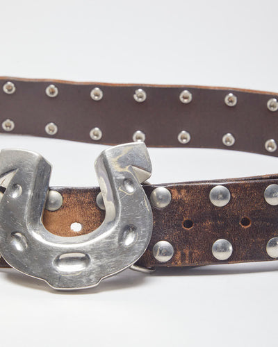 Vintage Western Famous Stars & Straps Brown Leather Studded Silver Toned Horseshoe Buckled Belt