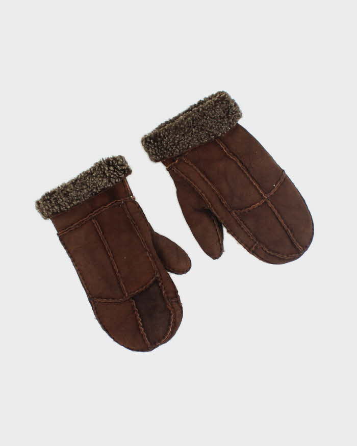 Suede Brown Sherpa Lined Mittens - S