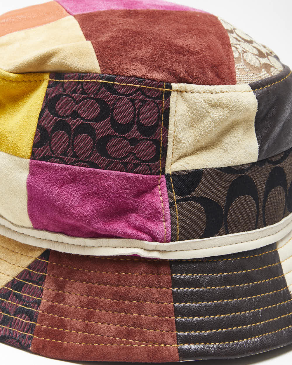 Vintage Y2K 00s Coach Signature Patchwork Leather/Canvas Bucket Crusher Hat - S