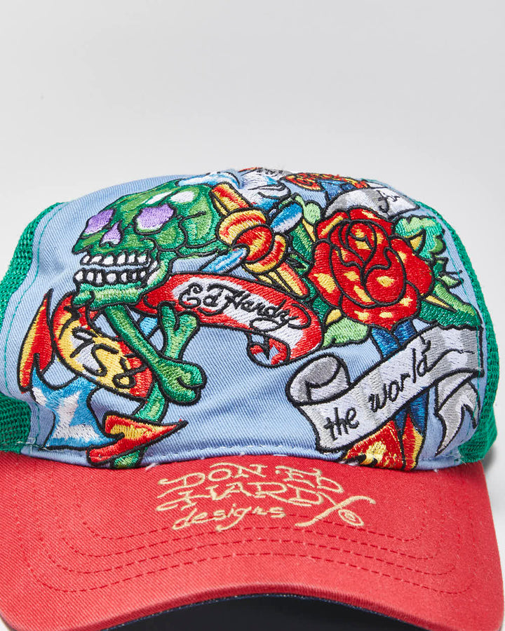 Vintage Y2K 00s Ed Hardy Christian Audigier Denim Canvas Trucker Hat - OS