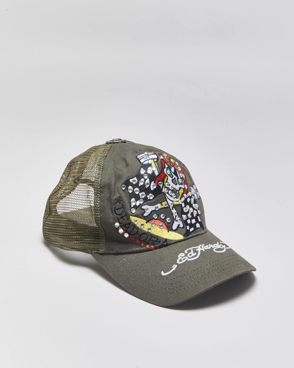 Vintage Y2K 00s Ed Hardy Khaki Embellished Skull Racer Trucker Hat - OS