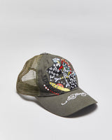 Vintage Y2K 00s Ed Hardy Khaki Embellished Skull Racer Trucker Hat - OS