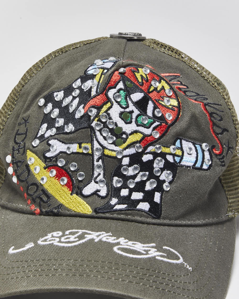 Vintage Y2K 00s Ed Hardy Khaki Embellished Skull Racer Trucker Hat - OS