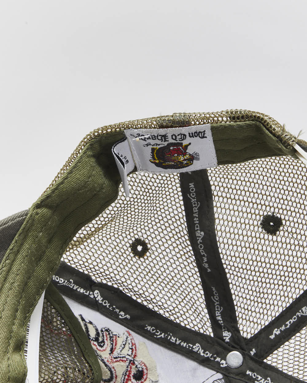 Vintage Y2K 00s Ed Hardy Khaki Embellished Skull Racer Trucker Hat - OS