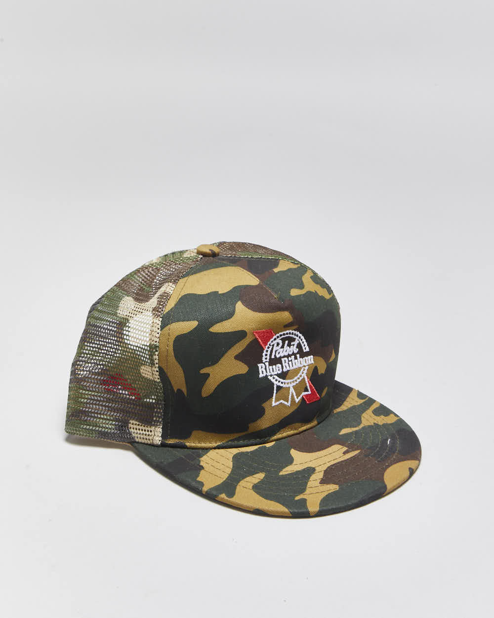 DS Vintage Pabst Blue Ribbon Beer Woodland Camo Canvas Flat Brim Trucker Hat - OS