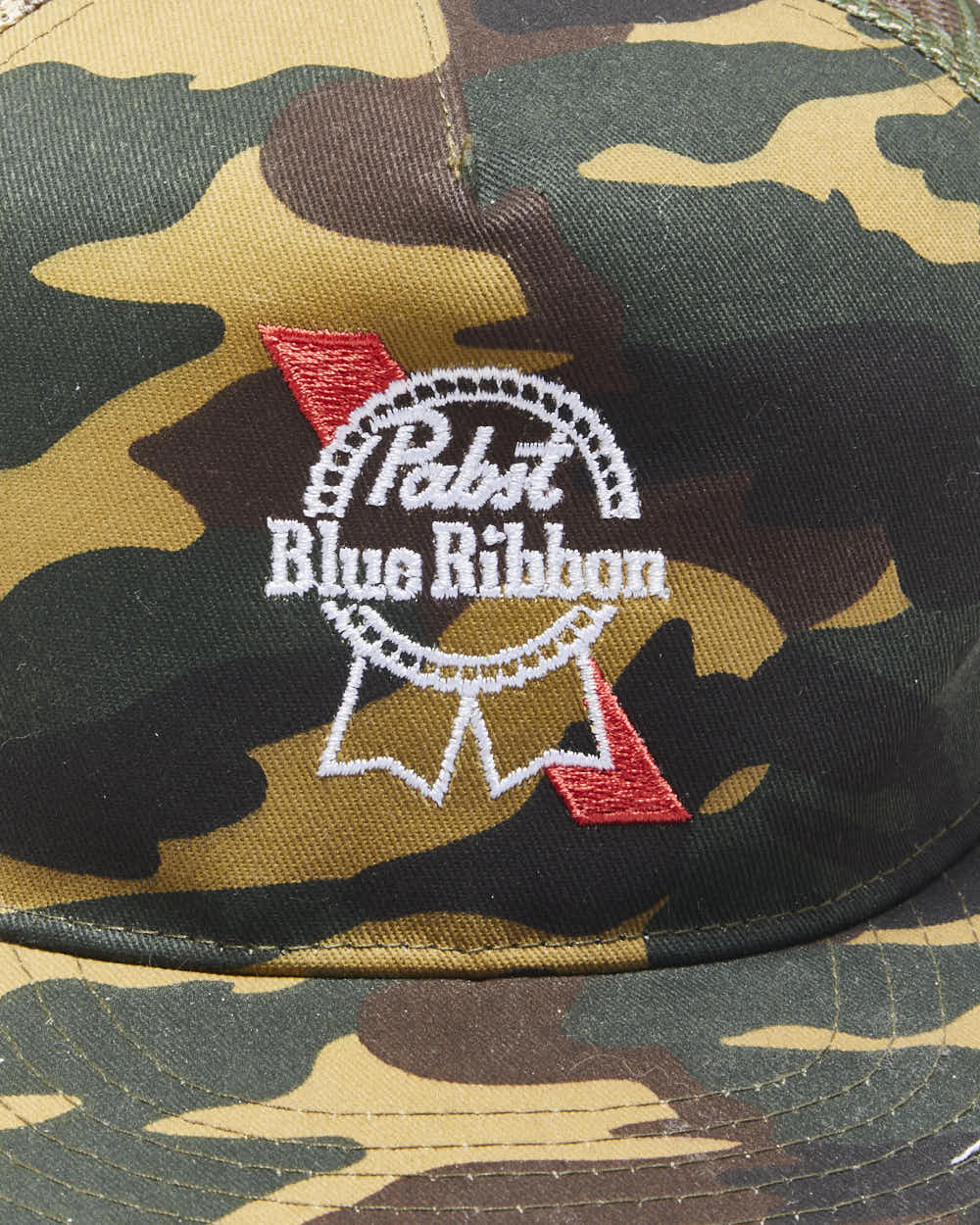 DS Vintage Pabst Blue Ribbon Beer Woodland Camo Canvas Flat Brim Trucker Hat - OS