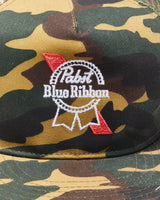 DS Vintage Pabst Blue Ribbon Beer Woodland Camo Canvas Flat Brim Trucker Hat - OS