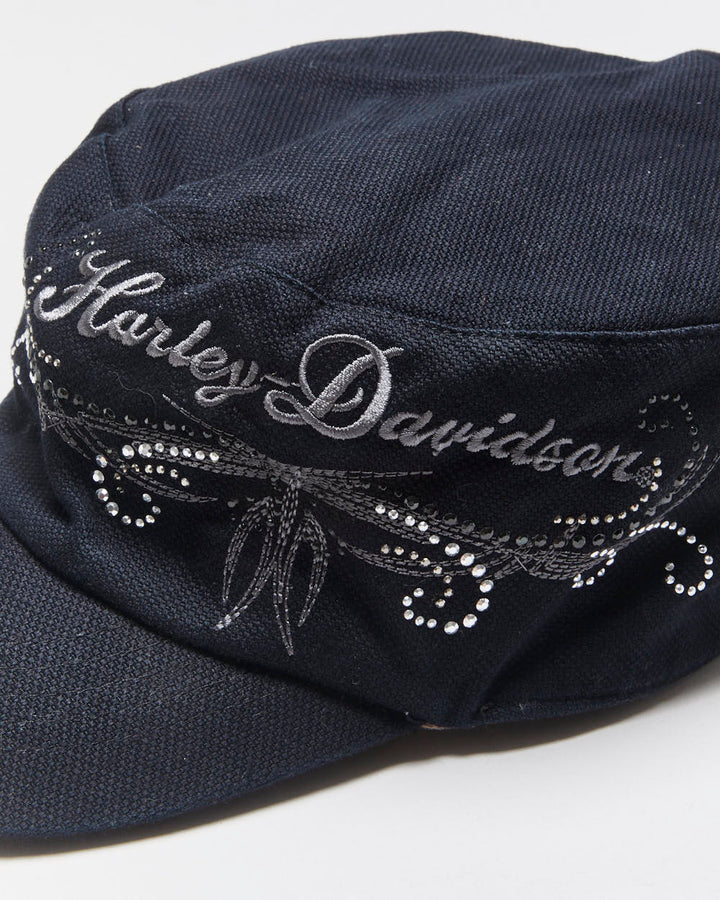 Vintage Harley Davidson Embellished Lace Up Embroidered Army Hat - OS