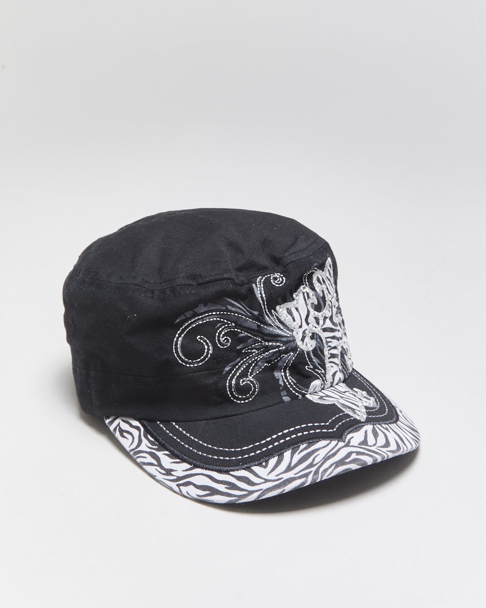 DS Vintage Y2K 00s Kbethos Embroidered Rhinestone Zebra Print Canvas Army Hat - OS