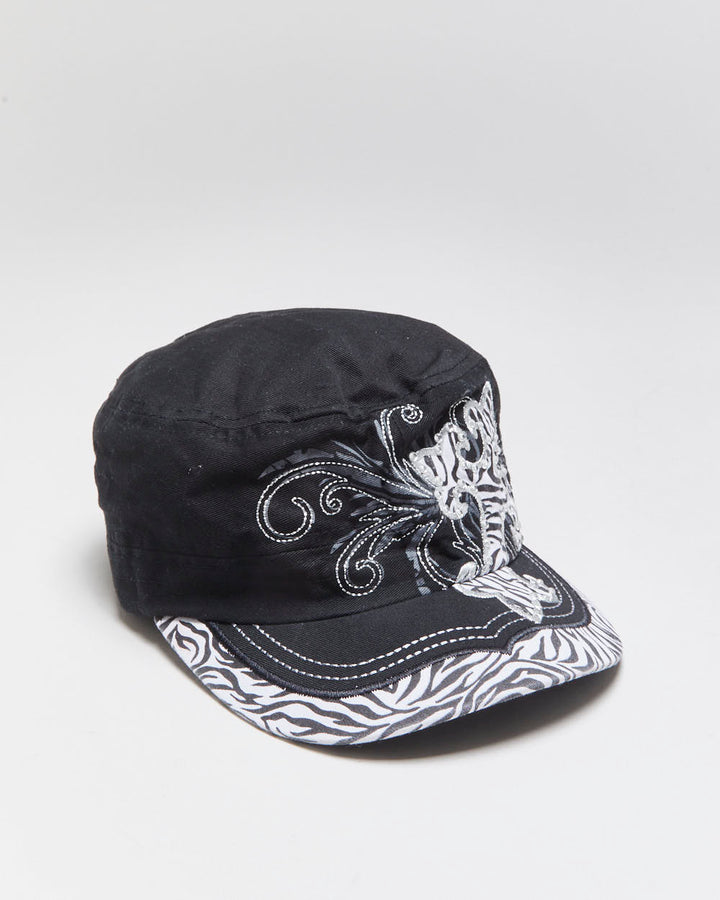 DS Vintage Y2K 00s Kbethos Embroidered Rhinestone Zebra Print Canvas Army Hat - OS