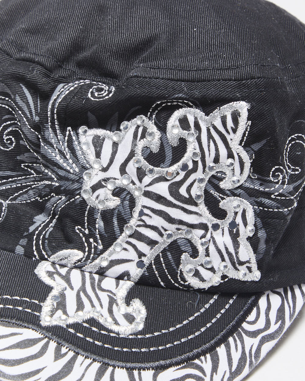 DS Vintage Y2K 00s Kbethos Embroidered Rhinestone Zebra Print Canvas Army Hat - OS