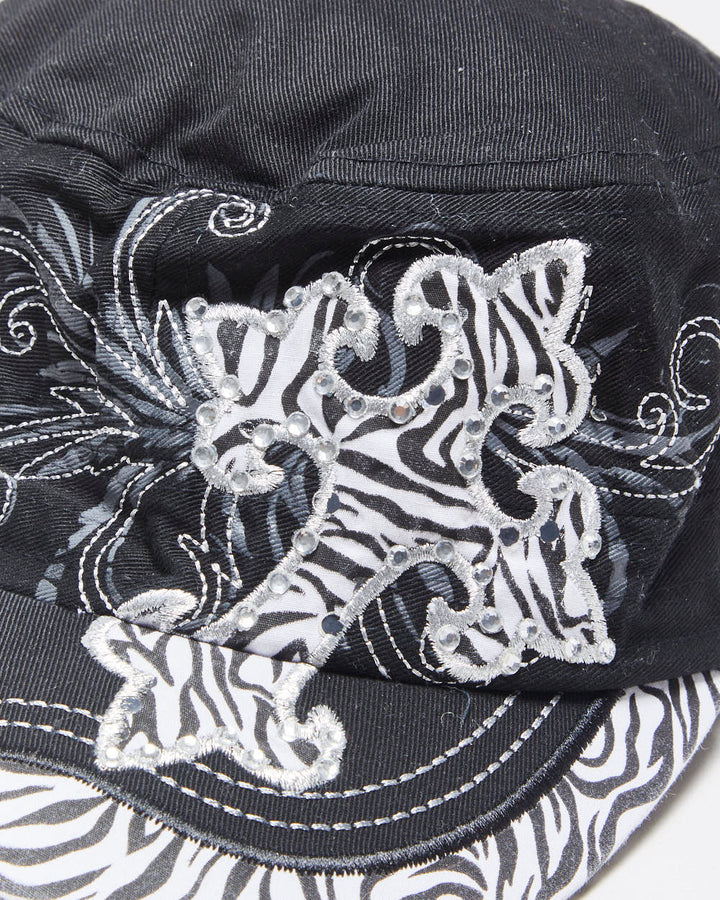 DS Vintage Y2K 00s Kbethos Embroidered Rhinestone Zebra Print Canvas Army Hat - OS