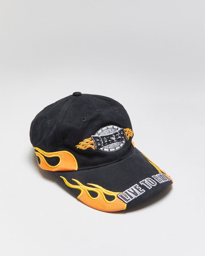 Vintage Y2K 00s Biker Wear Distressed Embroidered Flames Canvas Velcro Baseball Cap - OS