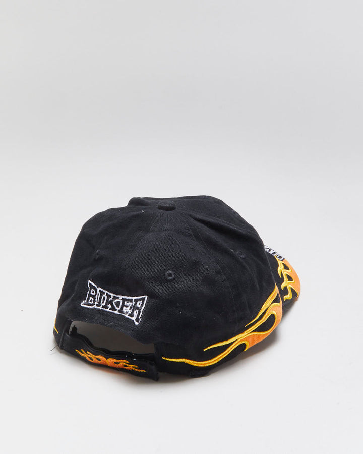 Vintage Y2K 00s Biker Wear Distressed Embroidered Flames Canvas Velcro Baseball Cap - OS