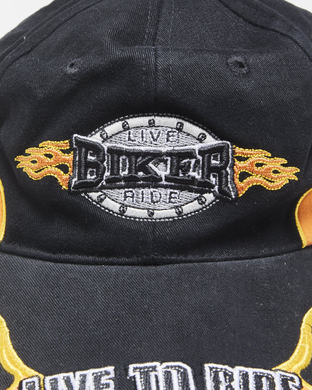 Vintage Y2K 00s Biker Wear Distressed Embroidered Flames Canvas Velcro Baseball Cap - OS