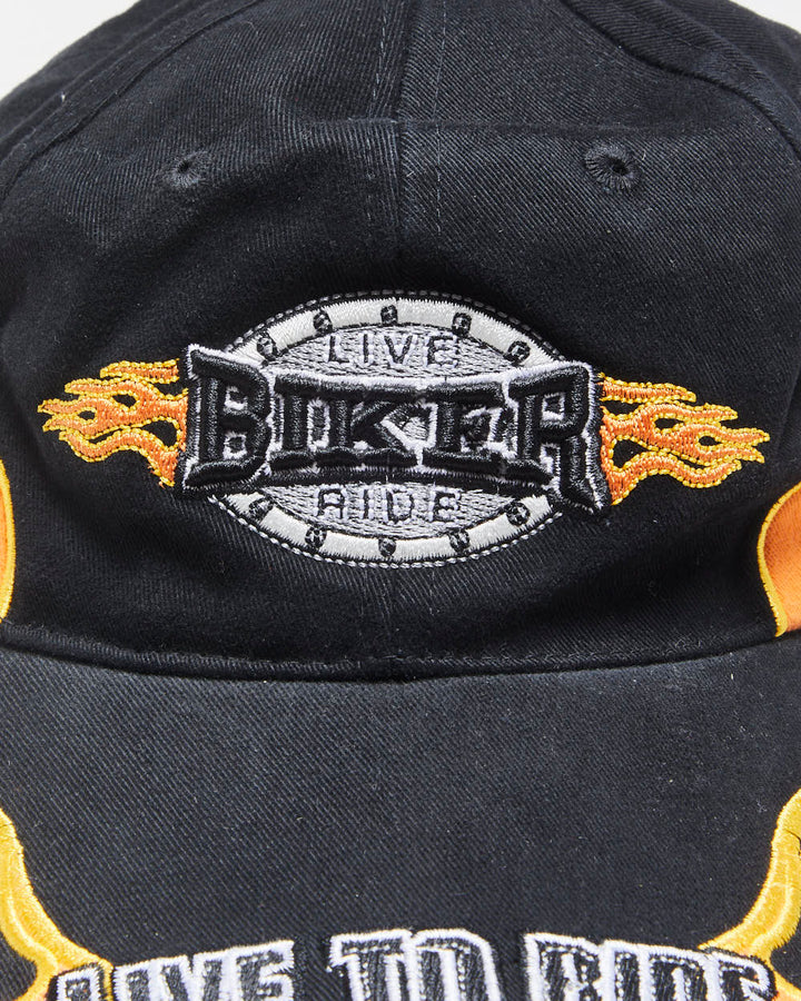 Vintage Y2K 00s Biker Wear Distressed Embroidered Flames Canvas Velcro Baseball Cap - OS