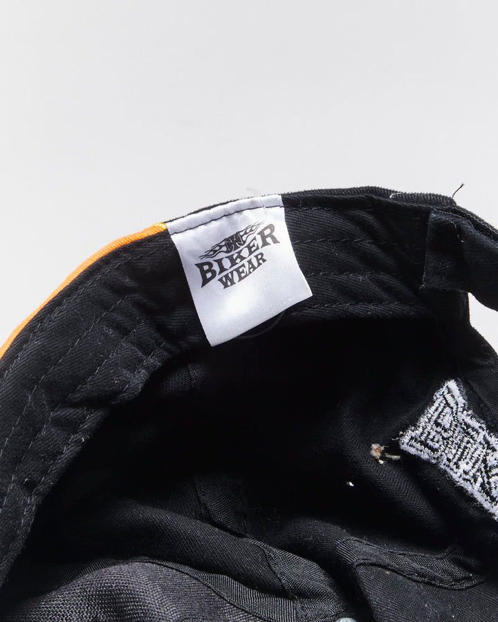 Vintage Y2K 00s Biker Wear Distressed Embroidered Flames Canvas Velcro Baseball Cap - OS