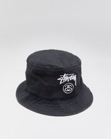 Vintage Stussy Black Canvas Stock Logo Embroidered Bucket Hat - M