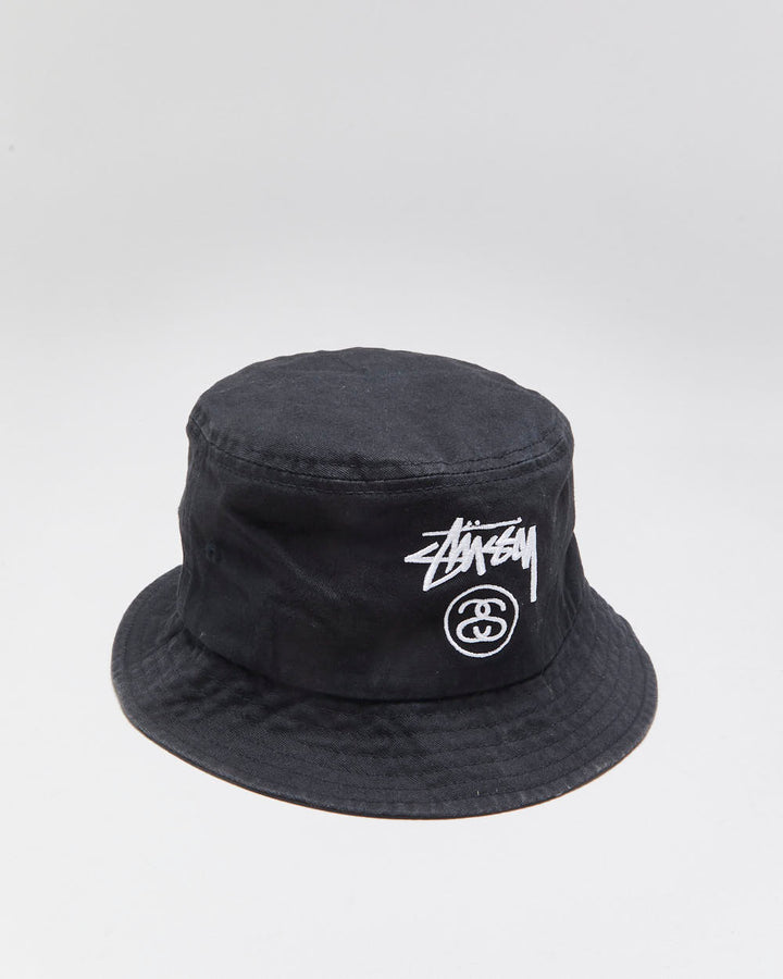 Vintage Stussy Black Canvas Stock Logo Embroidered Bucket Hat - M