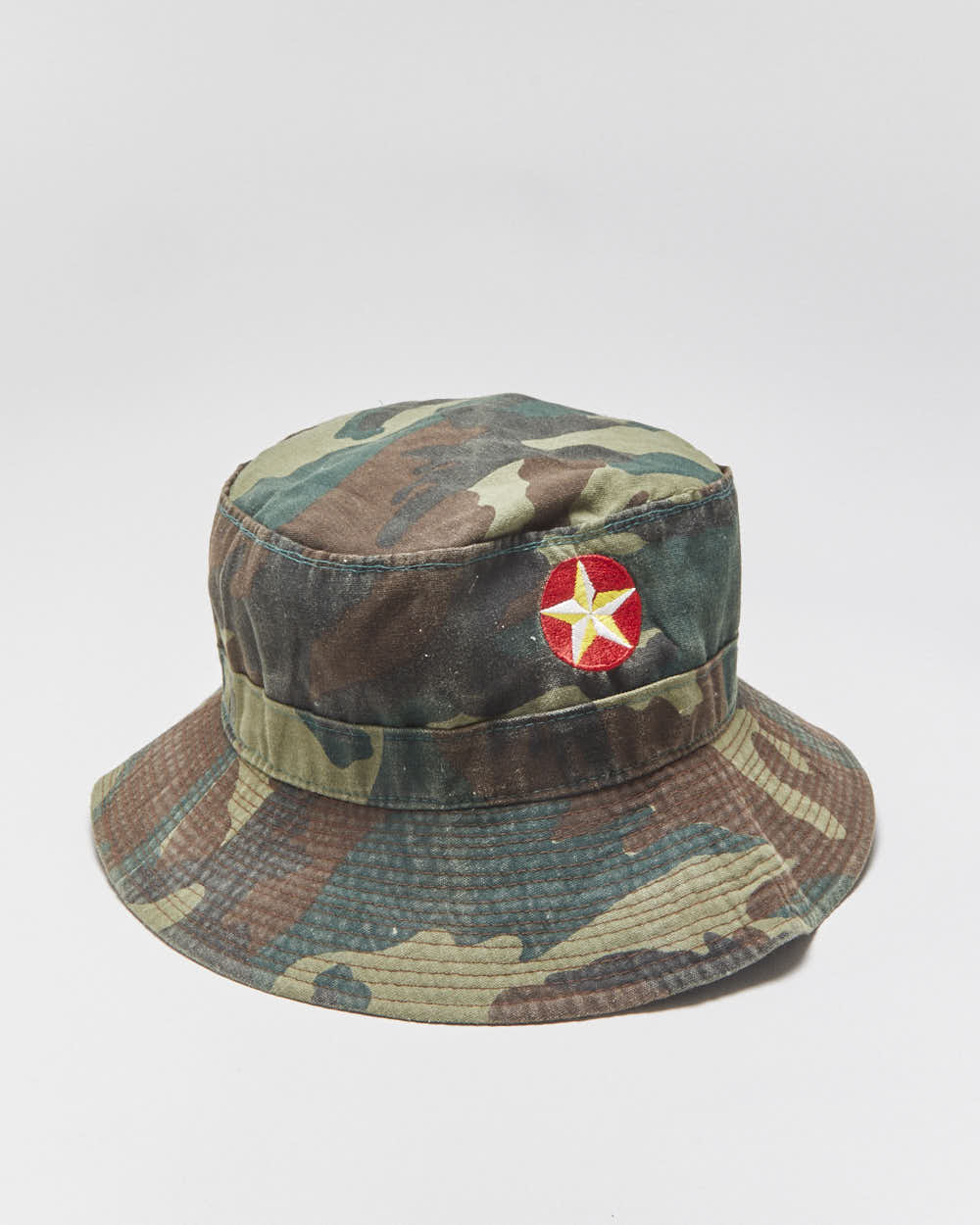 Vintage 1990s Estrella Embroidered Woodland Camo Canvas Army Bucket Hat - M/L