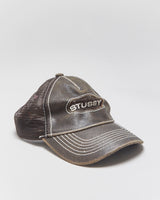 Vintage Stussy Brown Low-Pro Leather Cutout Contrast Stitch Trucker Hat - OS