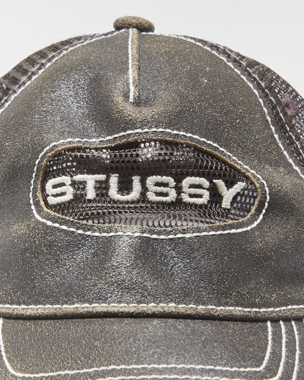 Vintage Stussy Brown Low-Pro Leather Cutout Contrast Stitch Trucker Hat - OS