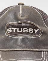 Vintage Stussy Brown Low-Pro Leather Cutout Contrast Stitch Trucker Hat - OS