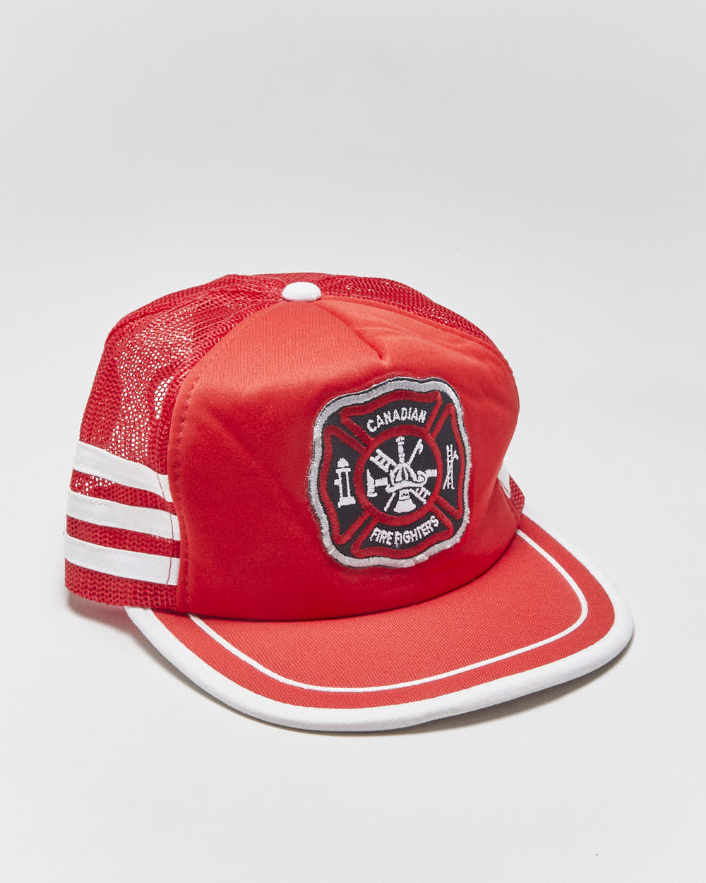 Vintage 1980s Canadian Firefighters Striped Patch Flat Brim Trucker Hat - OS