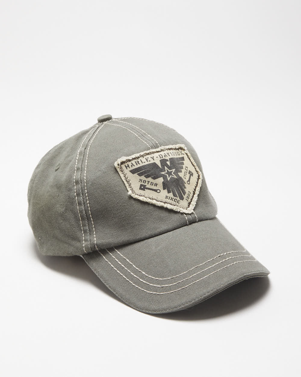 DS Vintage Harley Davidson Khaki Contrast Stitch Canvas Patch Aviator Baseball Cap - OS