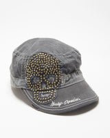 Vintage Y2K 00s Harley Davidson Distressed Stud Embellished Contrast Stitch Canvas Velcro Army Cap - OS