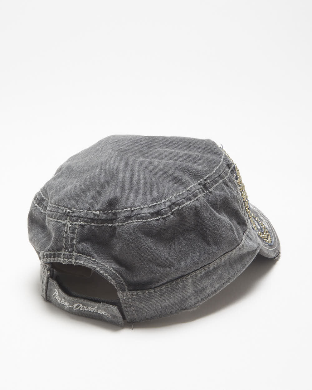Vintage Y2K 00s Harley Davidson Distressed Stud Embellished Contrast Stitch Canvas Velcro Army Cap - OS