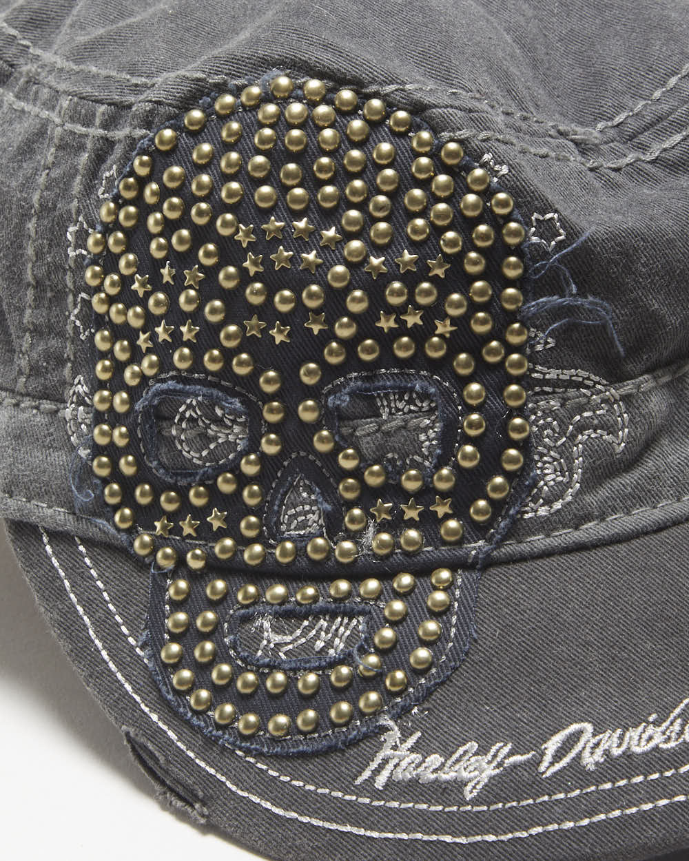 Vintage Y2K 00s Harley Davidson Distressed Stud Embellished Contrast Stitch Canvas Velcro Army Cap - OS