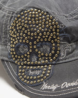 Vintage Y2K 00s Harley Davidson Distressed Stud Embellished Contrast Stitch Canvas Velcro Army Cap - OS