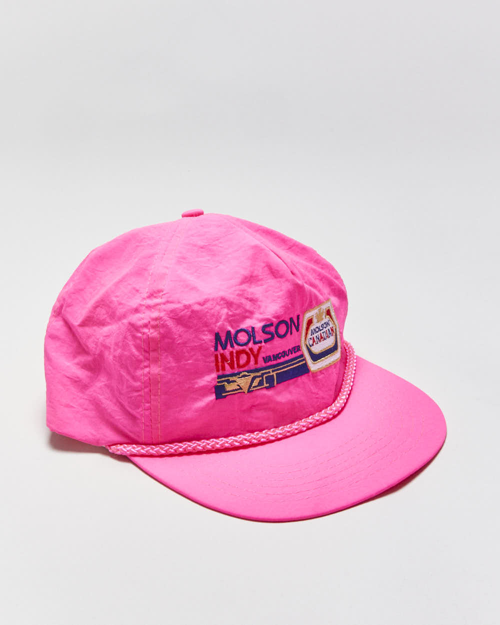 Vintage 1980s Molson Indy Vancouver Hot Pink Embroidered Rope Peak Flat Brim Trucker Hat - OS