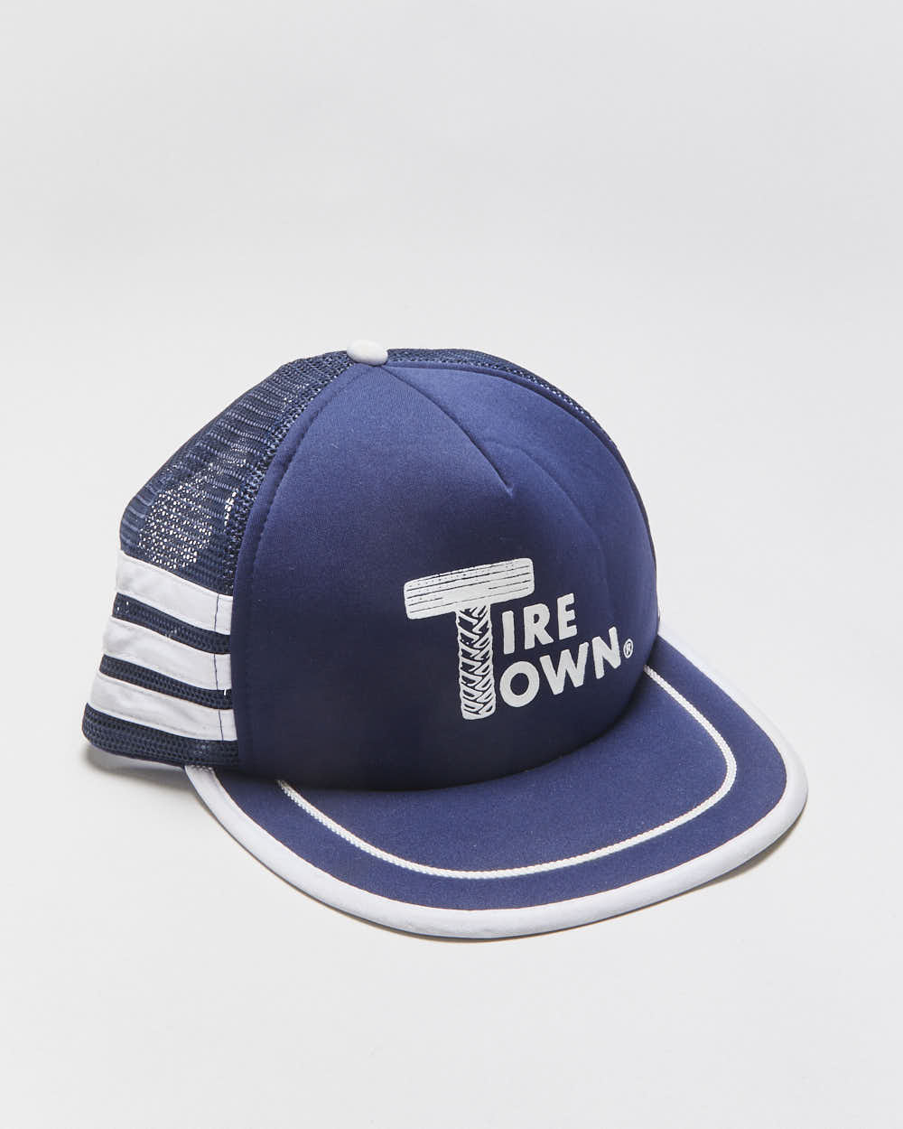 Vintage 1980s Tire Town Striped Flat Rope Brim Trucker Hat - OS