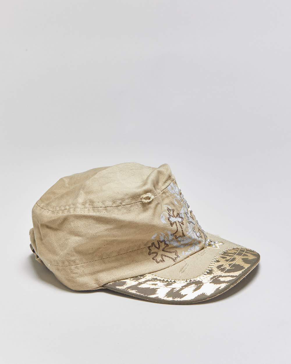Vintage Y2K 00s L.O.G.R Khaki Distressed Leopard Print Embellished Army Cap - OS