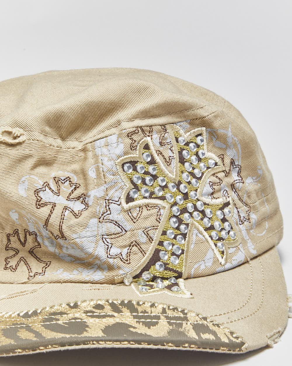 Vintage Y2K 00s L.O.G.R Khaki Distressed Leopard Print Embellished Army Cap - OS