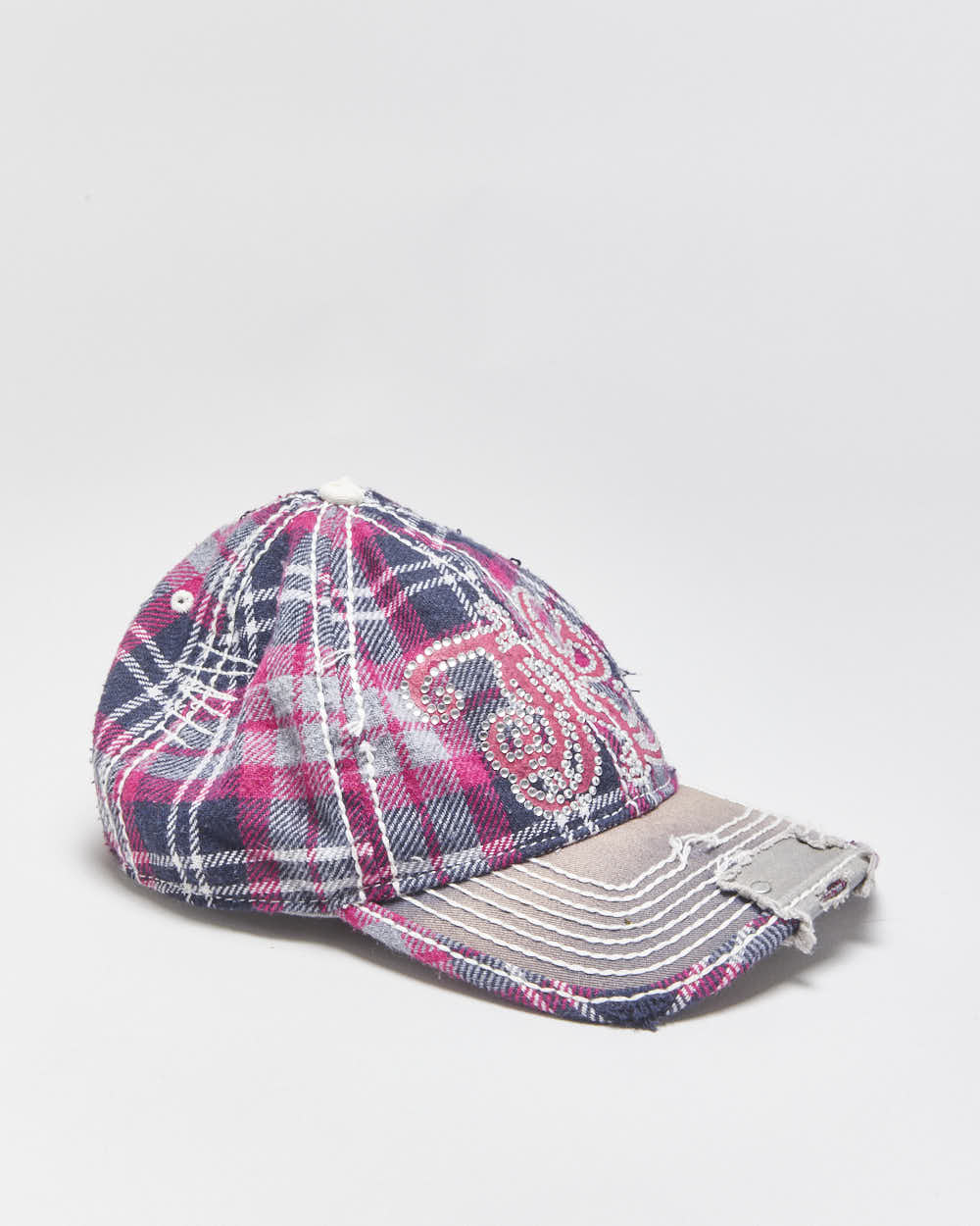 Vintage Y2K 00s True Religion Plaid Distressed Contrast Stitch Diamante Wool Blend Leather Strap Baseball Cap - OS