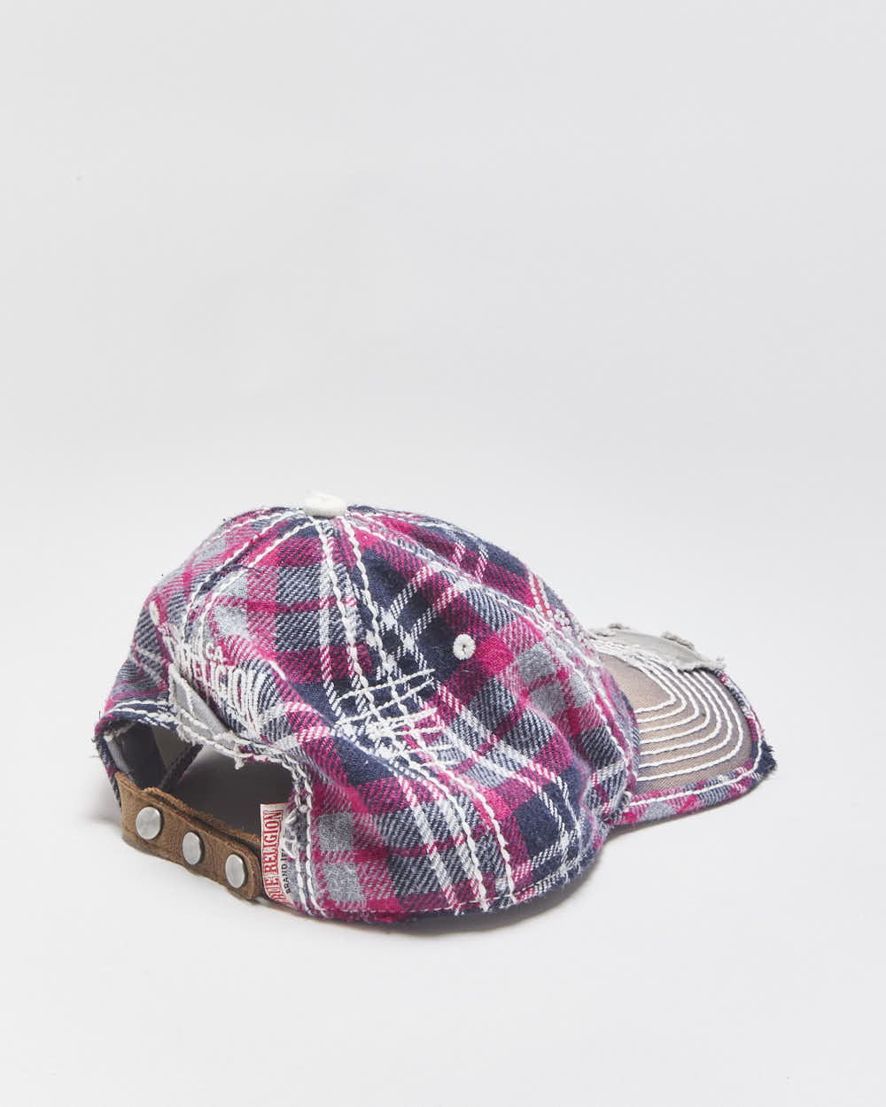 Vintage Y2K 00s True Religion Plaid Distressed Contrast Stitch Diamante Wool Blend Leather Strap Baseball Cap - OS